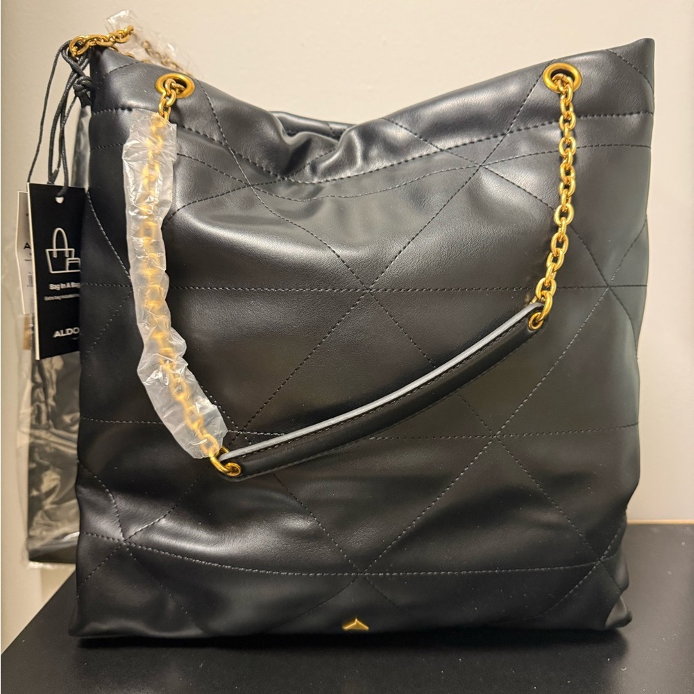 Aldo Black Quilted Shoulder Bag with Gold Accents